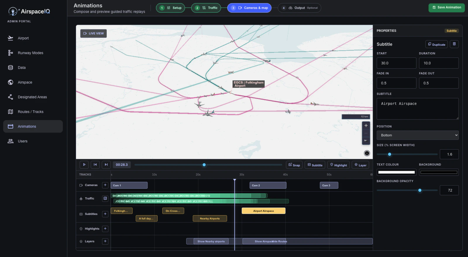 AirspaceIQ animation editor with map preview, timeline tracks and subtitle controls