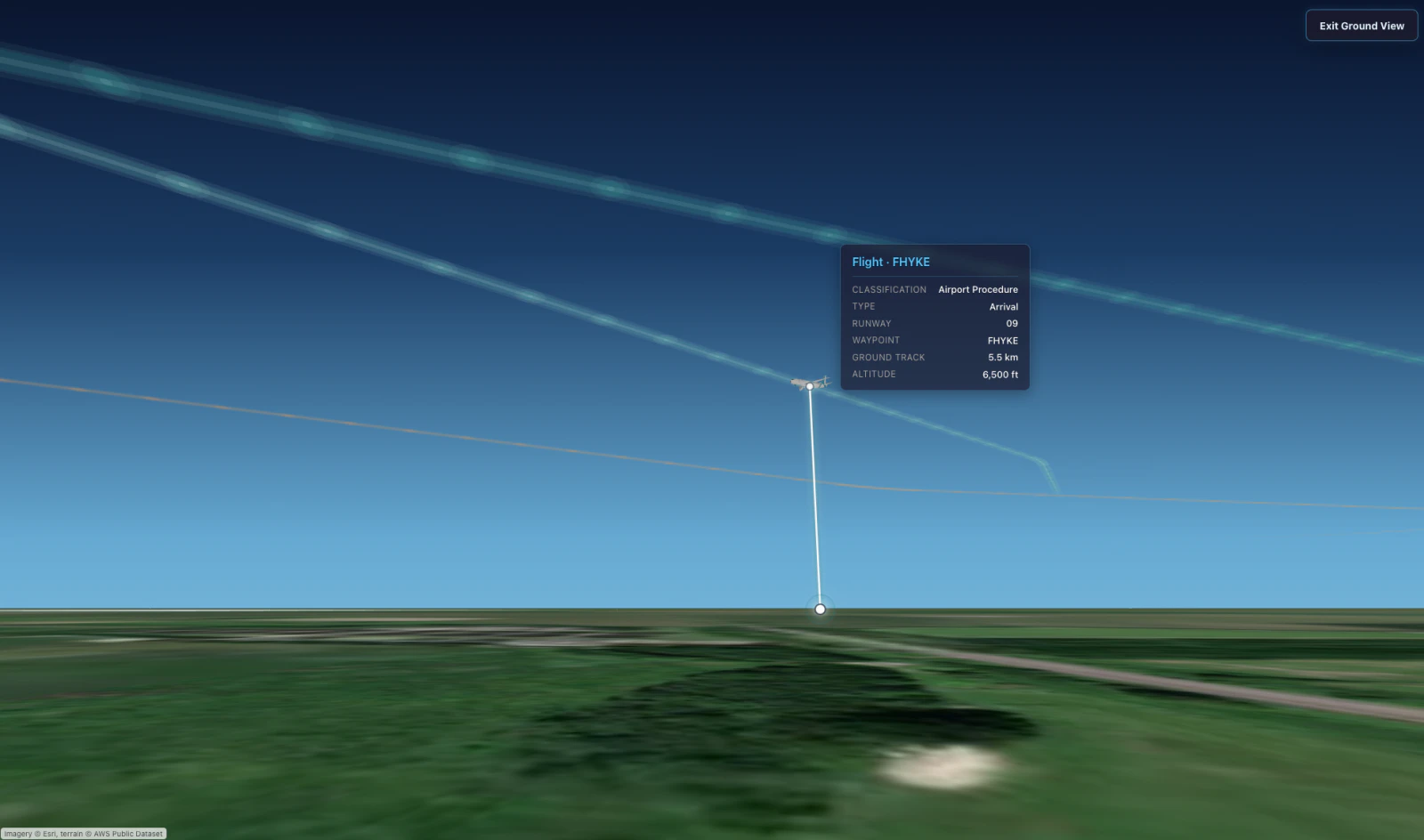 AirspaceIQ ground view showing an arriving aircraft and its altitude above the selected location