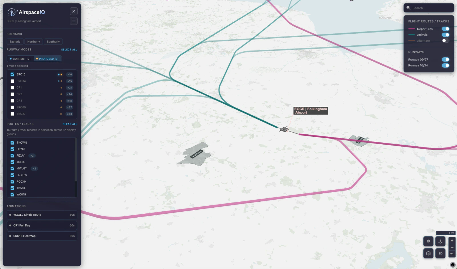 AirspaceIQ overview showing runway modes, routes and tracks around Folkingham Airport