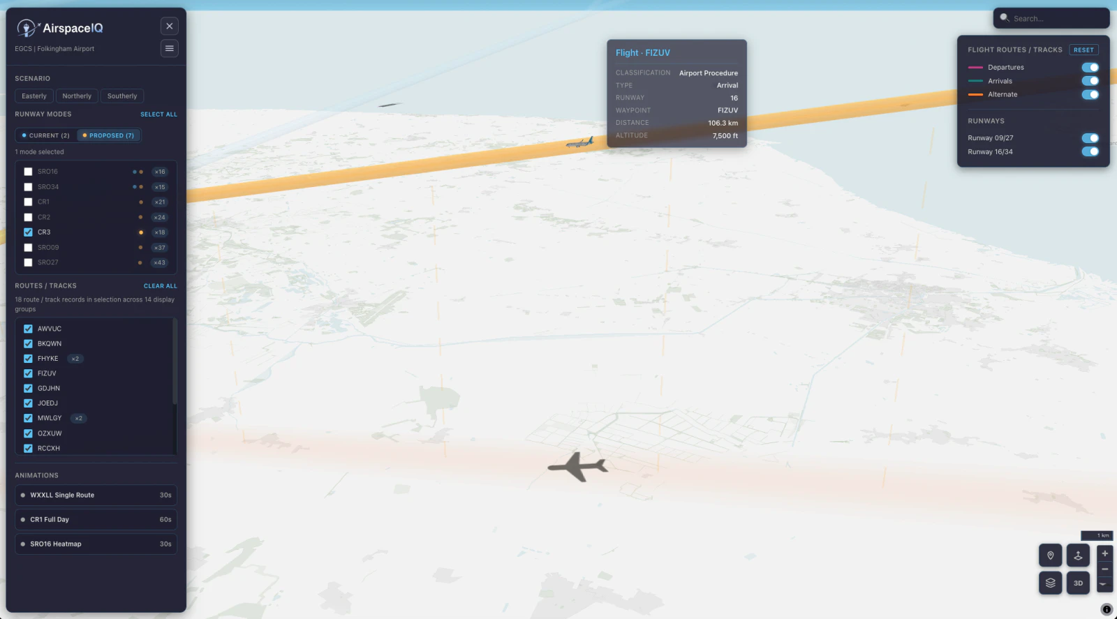 AirspaceIQ inspecting an arrival route and aircraft above the map